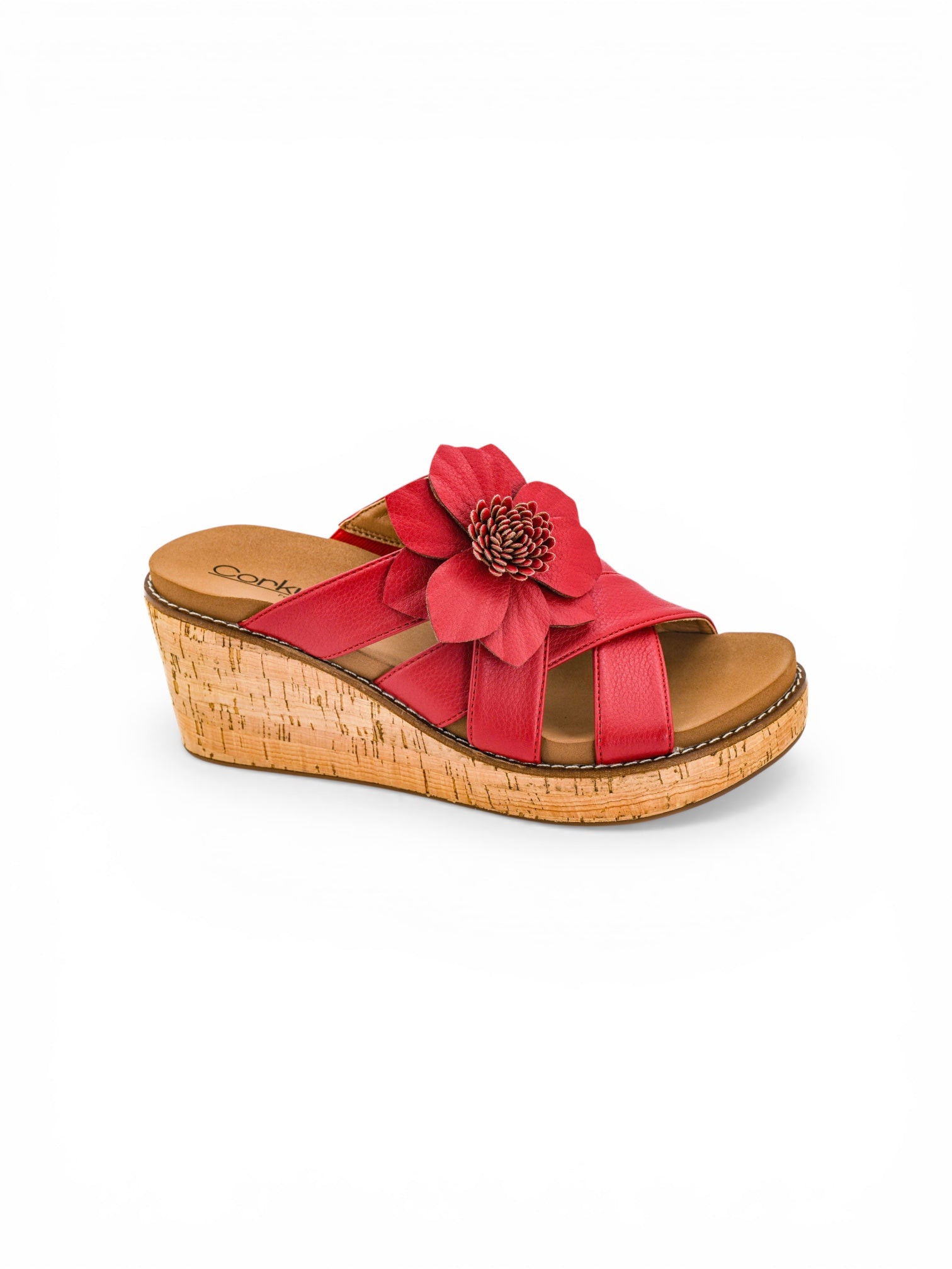 Corkys Footwear, Heartbreaker Wedge, floral wedge sandals, memory foam sandals, comfortable summer wedges, red floral sandals, platform wedges, 3D flower shoes. at ooh la la! in Grapevine TX 76051
