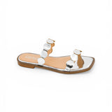 Corky’s footwear, silver flat sandals, square toe slides, metallic circle sandals, women's summer shoes, comfortable dressy flats, slip-on sandals. at ooh la la! in Grapevine TX 76051
