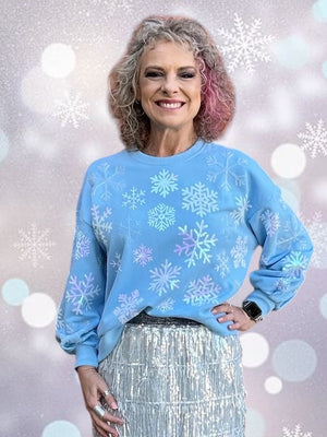 Queen of Sparkles Light Blue Iridescent Snowflakes Sweatshirt at ooh la la! in Grapevine TX 76051