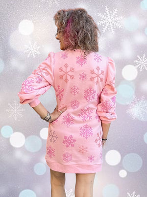 Queen of Sparkles Pink Iridescent Snowflakes Poof Sleeve Sweatshirt Dress at ooh la la! in Grapevine TX 76051