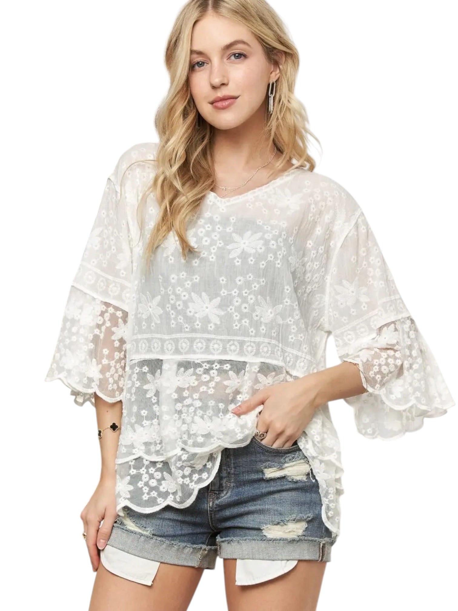 White Lace blouse, cotton boho top, bell sleeve shirt, floral embroidery top, scalloped hem blouse, feminine V-neck top, tiered lace top, bohemian fashion, white lace blouse, vintage style top. at ooh la la! in Grapevine TX 76051