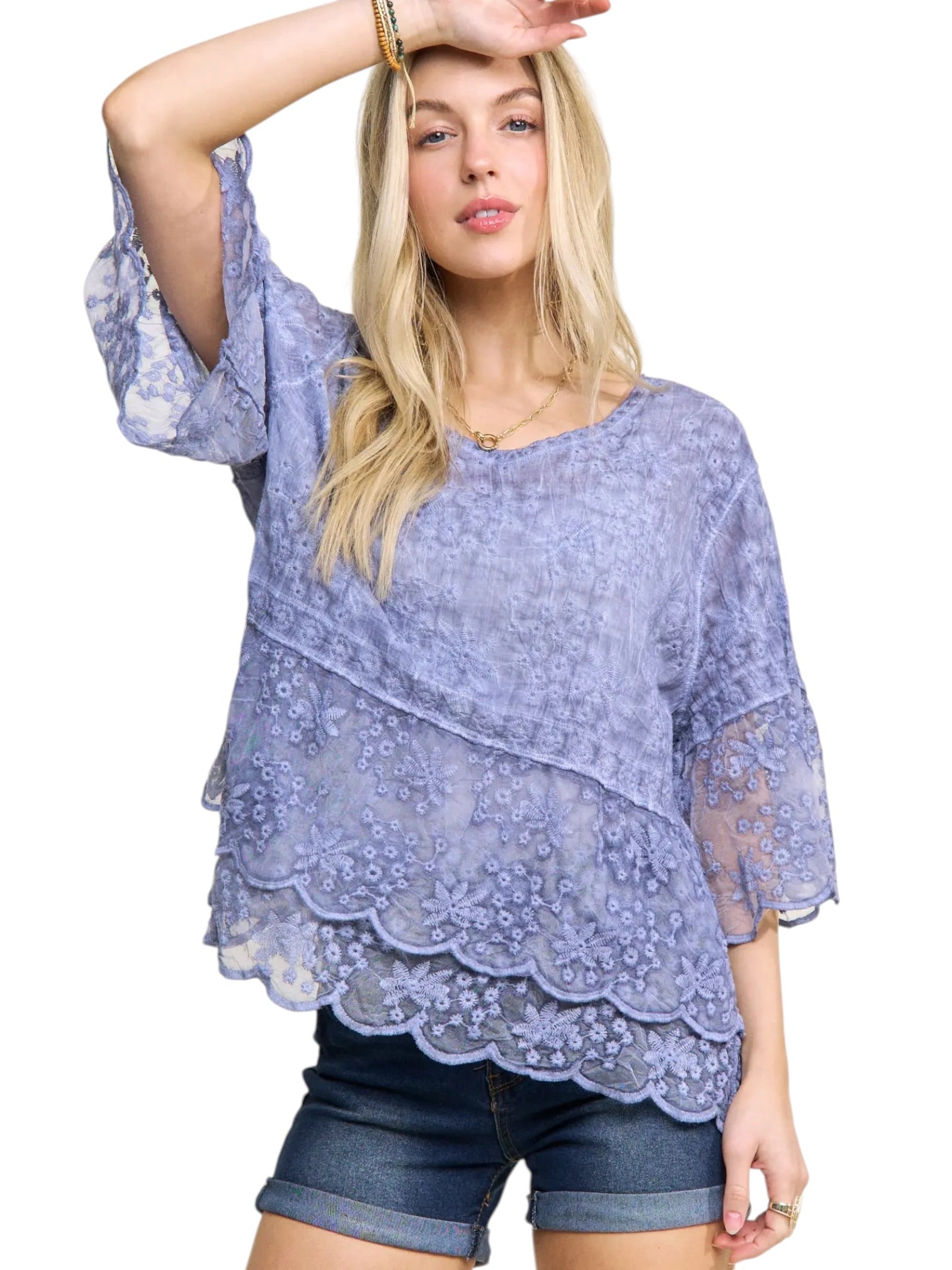 Blue Lace blouse, cotton boho top, bell sleeve shirt, floral embroidery top, scalloped hem blouse, feminine V-neck top, tiered lace top, bohemian fashion, white lace blouse, vintage style top. at ooh la la! in Grapevine TX 76051