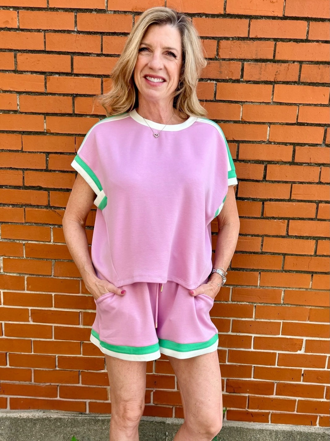 Pink/Green Vibrant Shorts set, Contrast Trim Shorts set, Shorts Set, Casual Wear, Stylish Shorts, High-Quality Shorts, Women Fashion at ooh la la! in Grapevine TX 76051