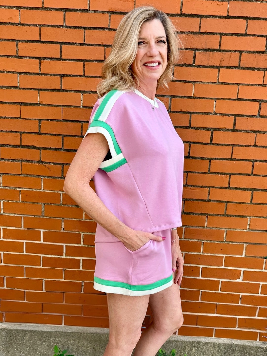 Pink/Green Vibrant Shorts set, Contrast Trim Shorts set, Shorts Set, Casual Wear, Stylish Shorts, High-Quality Shorts, Women Fashion at ooh la la! in Grapevine TX 76051