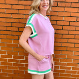 Pink/Green Vibrant Shorts set, Contrast Trim Shorts set, Shorts Set, Casual Wear, Stylish Shorts, High-Quality Shorts, Women Fashion at ooh la la! in Grapevine TX 76051