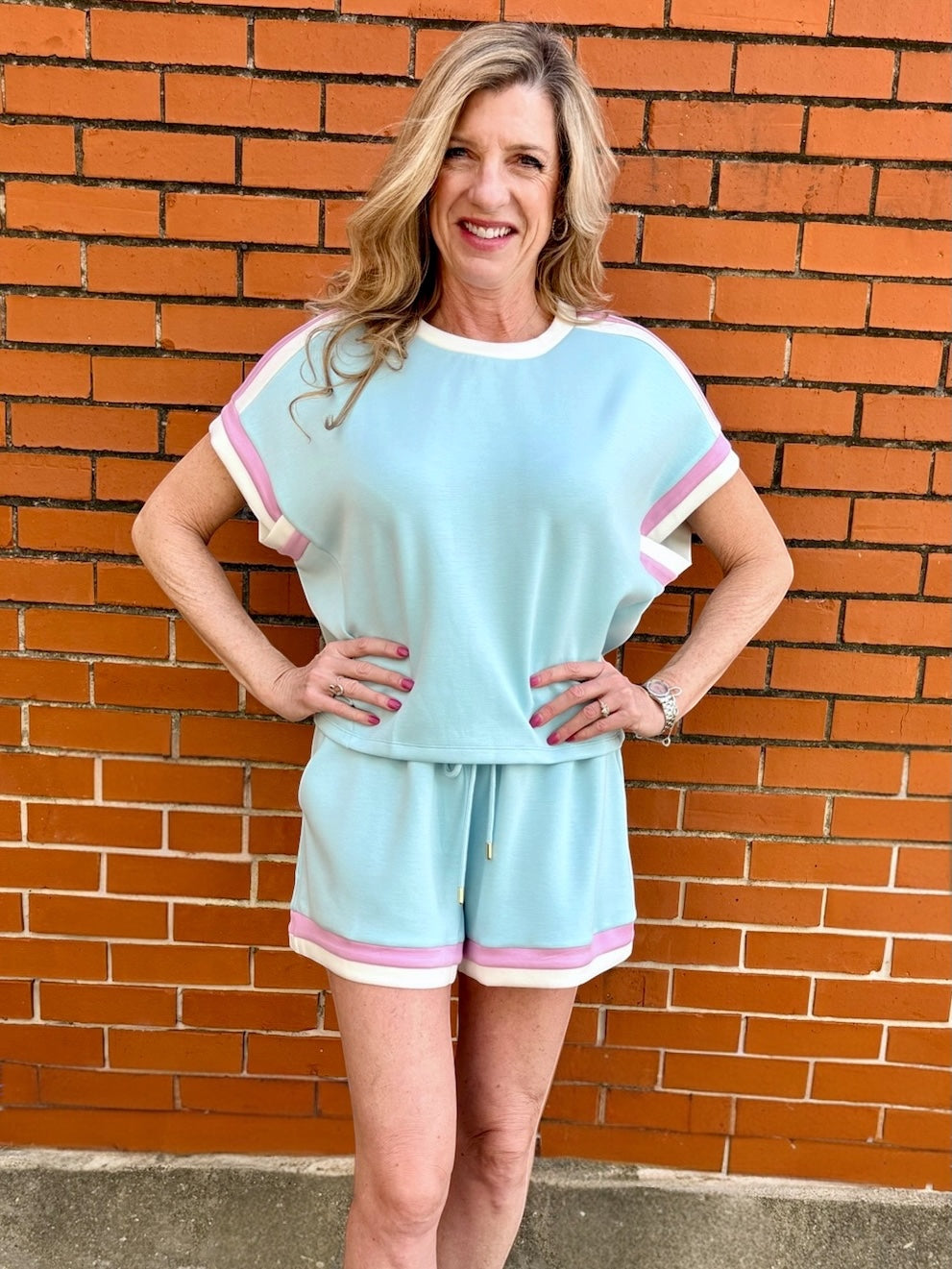 Light Blue/Pink Vibrant Shorts set, Contrast Trim Shorts set, Shorts Set, Casual Wear, Stylish Shorts, High-Quality Shorts, Women Fashion at ooh la la! in Grapevine TX 76051