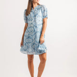 Geo Print Puff Sleeve Dress with Tie Belt