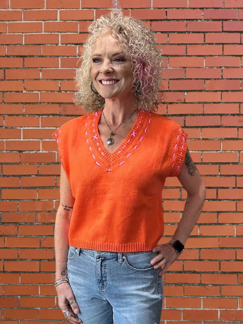 THML Cap Sleeve VNeck Border Stitch Sweater in Orange at ooh la la! in Grapevine TX 76051