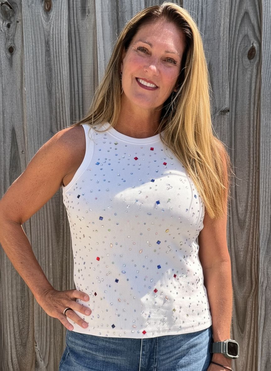 Queen of Sparkles, rhinestone tank top, multi color crystal top, white sparkle shirt, party tank top, designer embellished top, Queen of Sparkles apparel, luxury boutique tops, colorful rhinestone bodice. at ooh la la! in Grapevine TX 76051