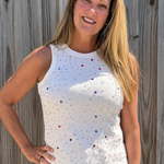 Queen of Sparkles, rhinestone tank top, multi color crystal top, white sparkle shirt, party tank top, designer embellished top, Queen of Sparkles apparel, luxury boutique tops, colorful rhinestone bodice. at ooh la la! in Grapevine TX 76051