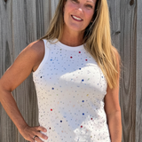 Queen of Sparkles, rhinestone tank top, multi color crystal top, white sparkle shirt, party tank top, designer embellished top, Queen of Sparkles apparel, luxury boutique tops, colorful rhinestone bodice. at ooh la la! in Grapevine TX 76051