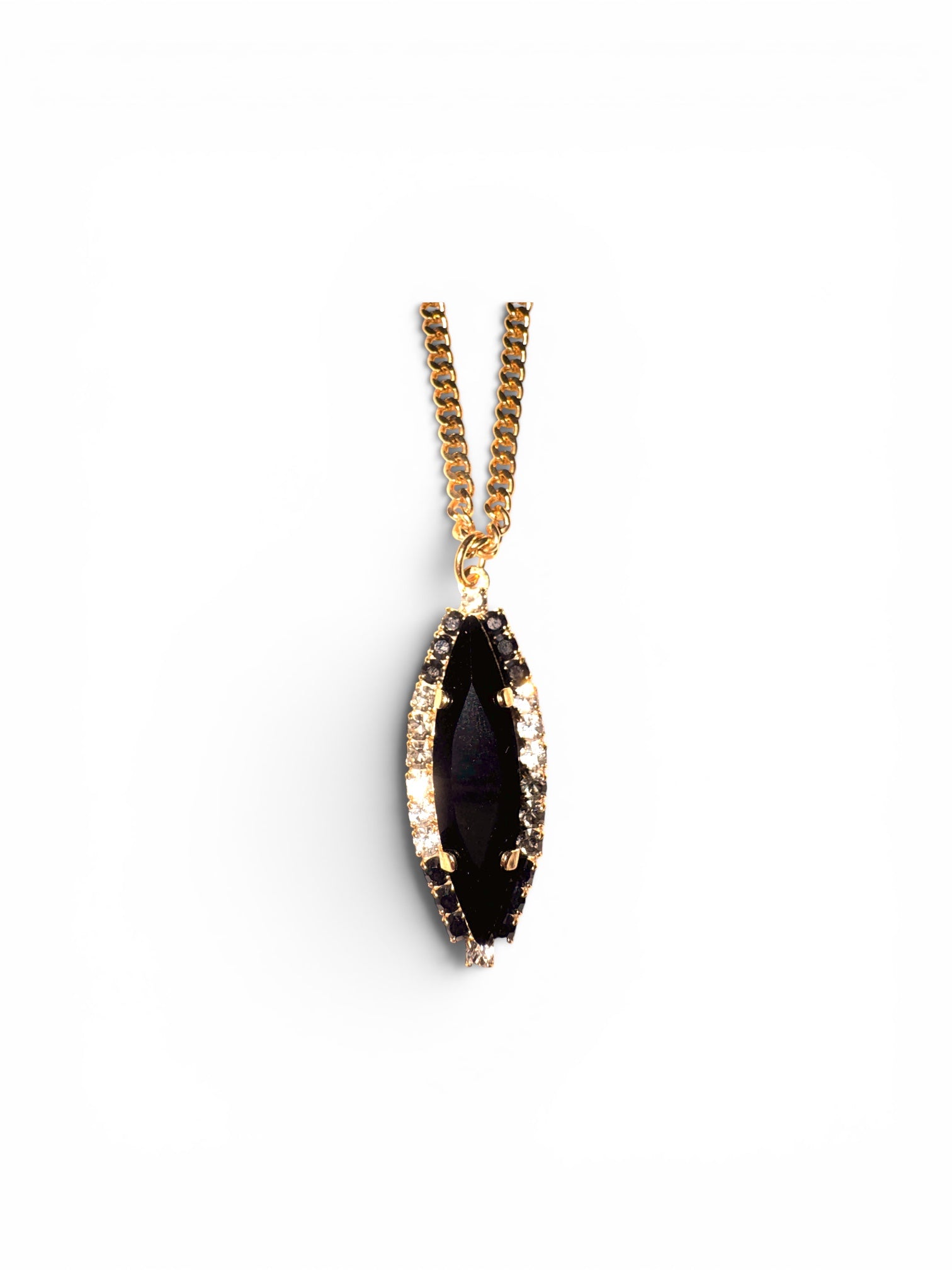TOVA Alyssa Necklace featuring marquise-cut jet crystal pendant on gold chain at ooh la la! in Grapevine TX 76051