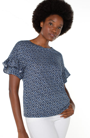 Liverpool Batik Print Ruffle Sleeve Top