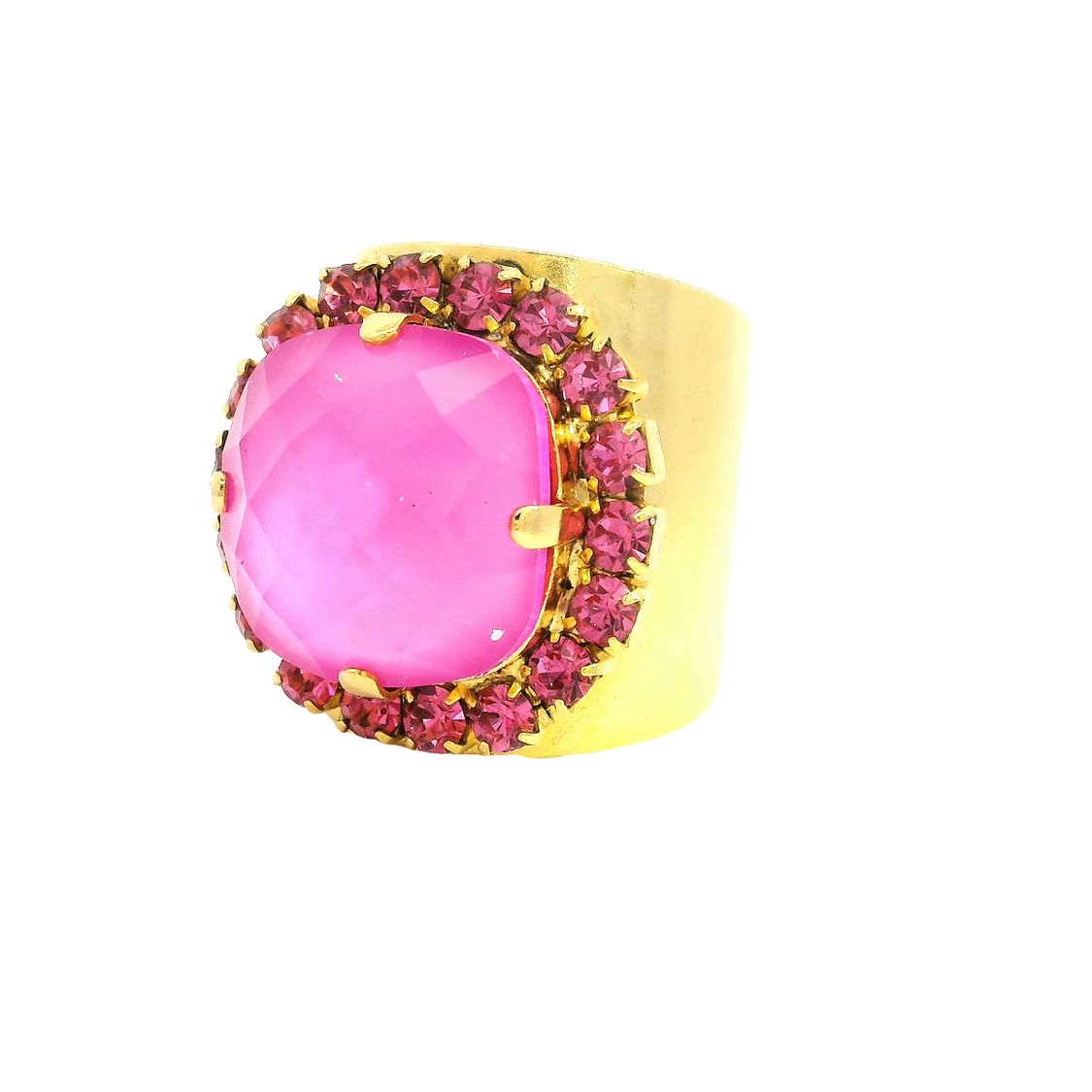 TOVA Cambrie Ring in Pink featuring large faceted hot pink stone with fuchsia crystal halo on wide gold band at ooh la la! in Grapevine TX 76051