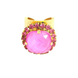 TOVA Cambrie Ring in Pink featuring large faceted hot pink stone with fuchsia crystal halo on wide gold band at ooh la la! in Grapevine TX 76051