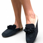 Corky's Just A Sip Flat Mule with Floral Details - Black Faux Suede at ooh la la! in Grapevine TX 76051