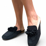 Corky's Just A Sip Flat Mule with Floral Details - Black Faux Suede at ooh la la! in Grapevine TX 76051