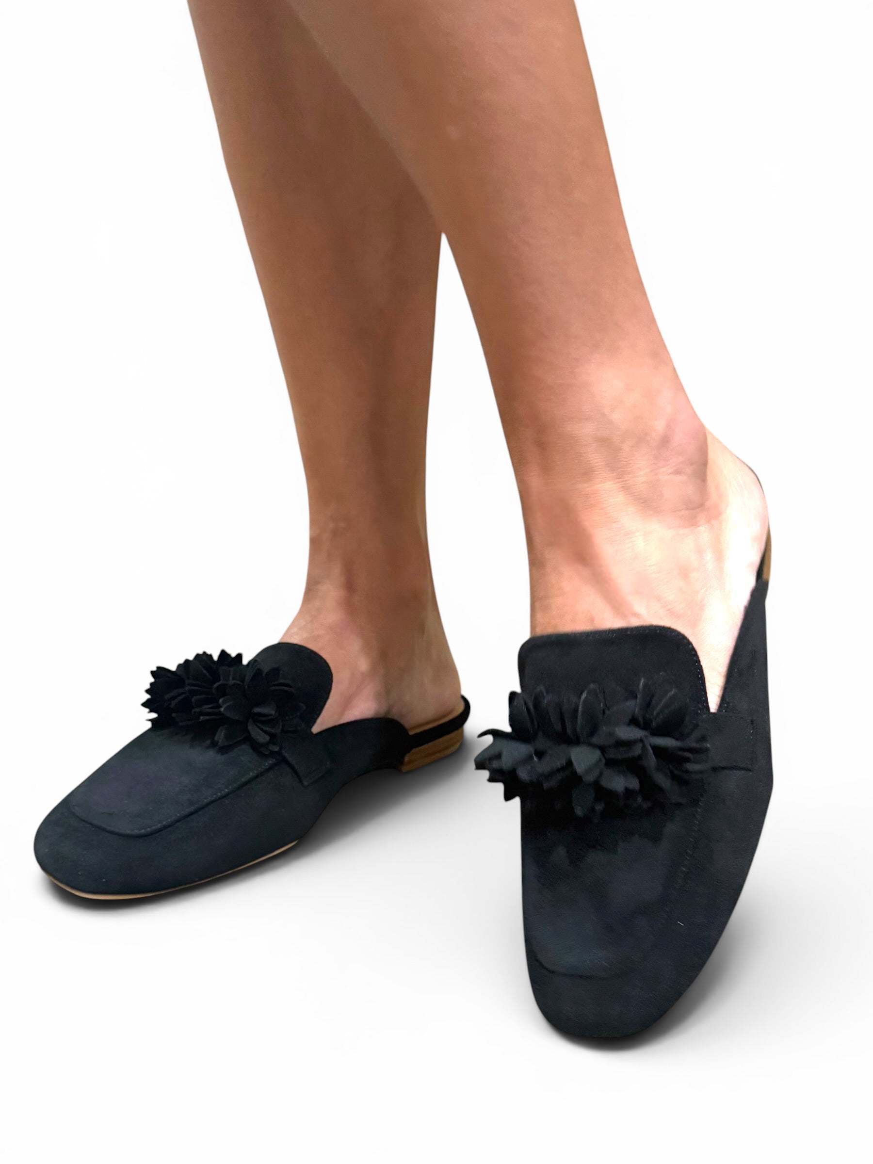 Corky's Just A Sip Flat Mule with Floral Details - Black Faux Suede at ooh la la! in Grapevine TX 76051