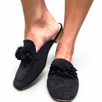 Corky's Just A Sip Flat Mule with Floral Details - Black Faux Suede at ooh la la! in Grapevine TX 76051