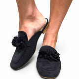 Corky's Just A Sip Flat Mule with Floral Details - Black Faux Suede at ooh la la! in Grapevine TX 76051