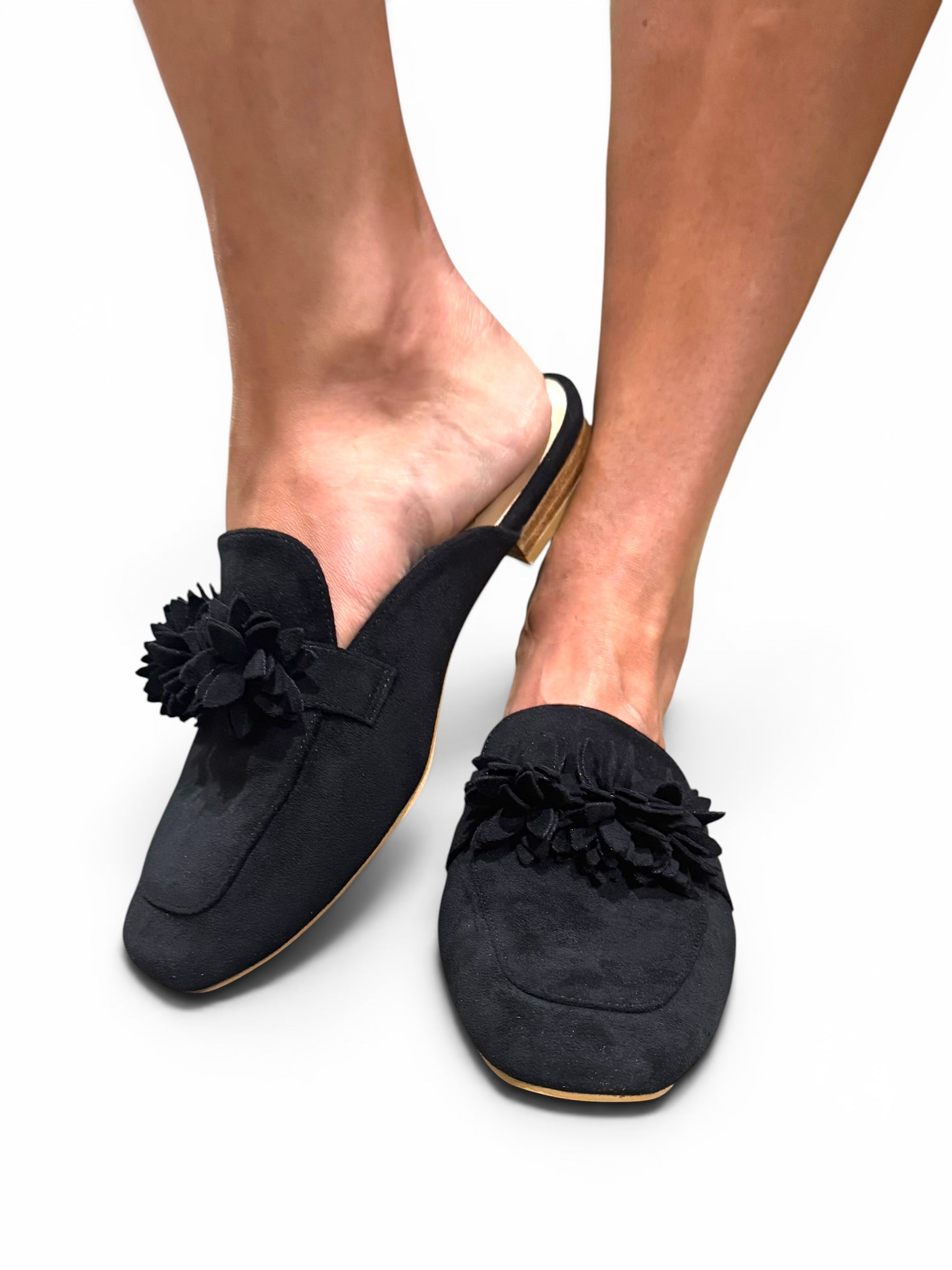 Corky's Just A Sip Flat Mule with Floral Details - Black Faux Suede at ooh la la! in Grapevine TX 76051