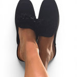 Corky's Just A Sip Flat Mule with Floral Details - Black Faux Suede at ooh la la! in Grapevine TX 76051