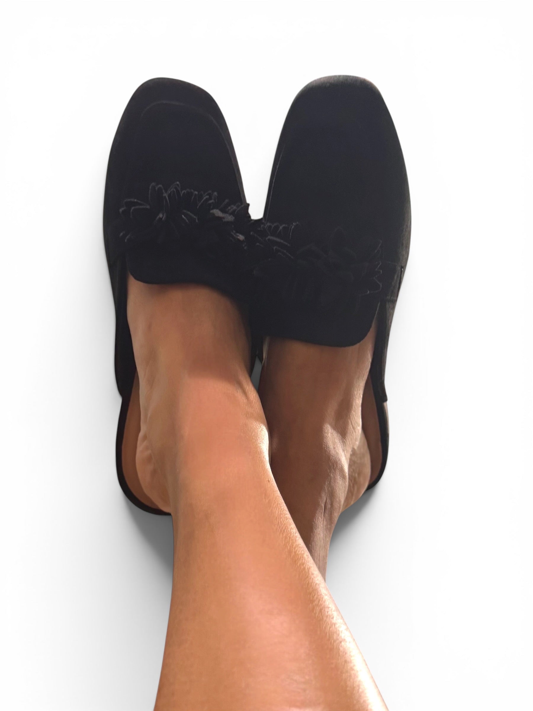 Corky's Just A Sip Flat Mule with Floral Details - Black Faux Suede at ooh la la! in Grapevine TX 76051