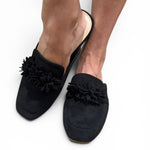 Corky's Just A Sip Flat Mule with Floral Details - Black Faux Suede at ooh la la! in Grapevine TX 76051