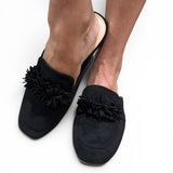 Corky's Just A Sip Flat Mule with Floral Details - Black Faux Suede at ooh la la! in Grapevine TX 76051
