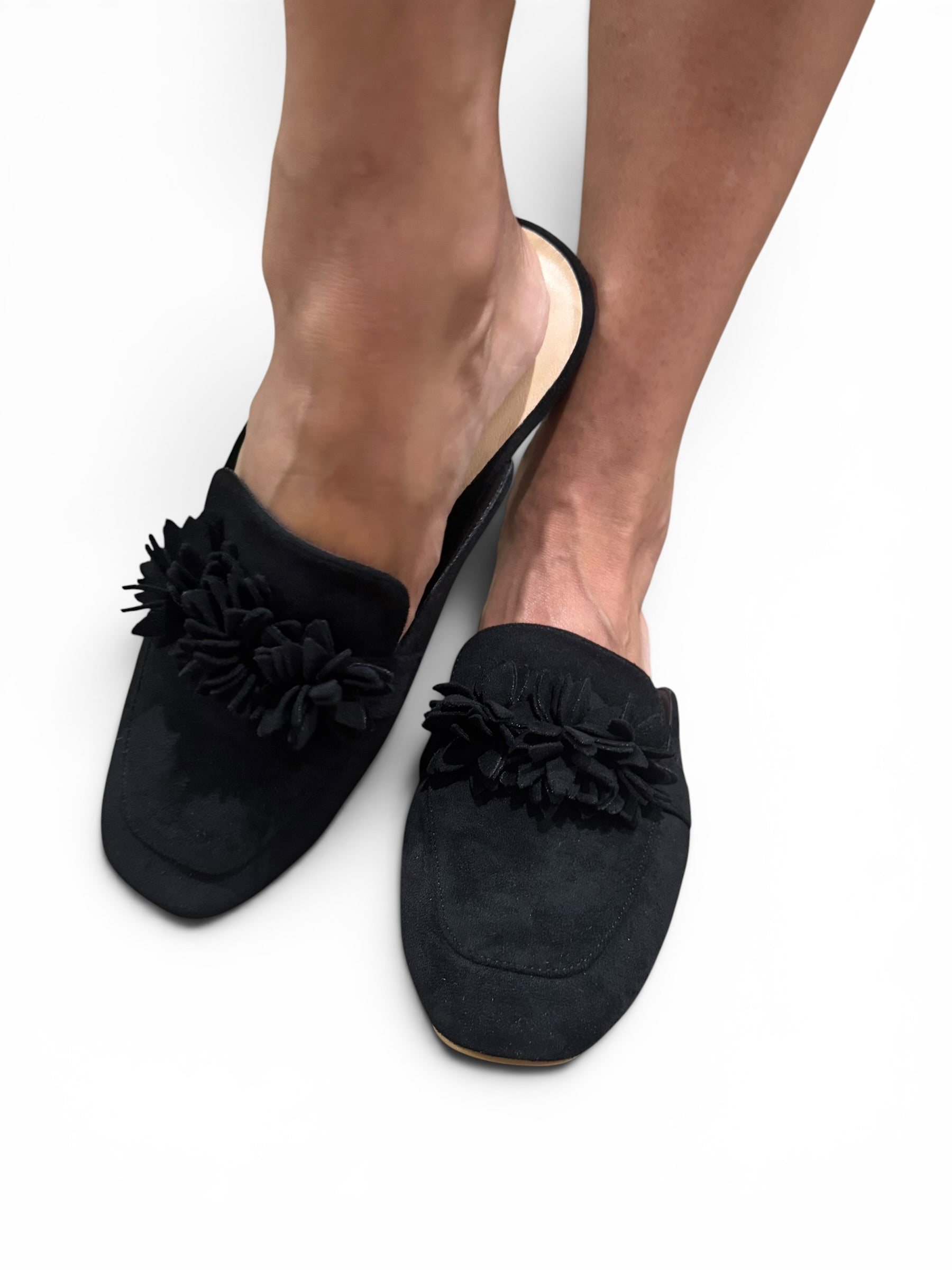 Corky's Just A Sip Flat Mule with Floral Details - Black Faux Suede at ooh la la! in Grapevine TX 76051