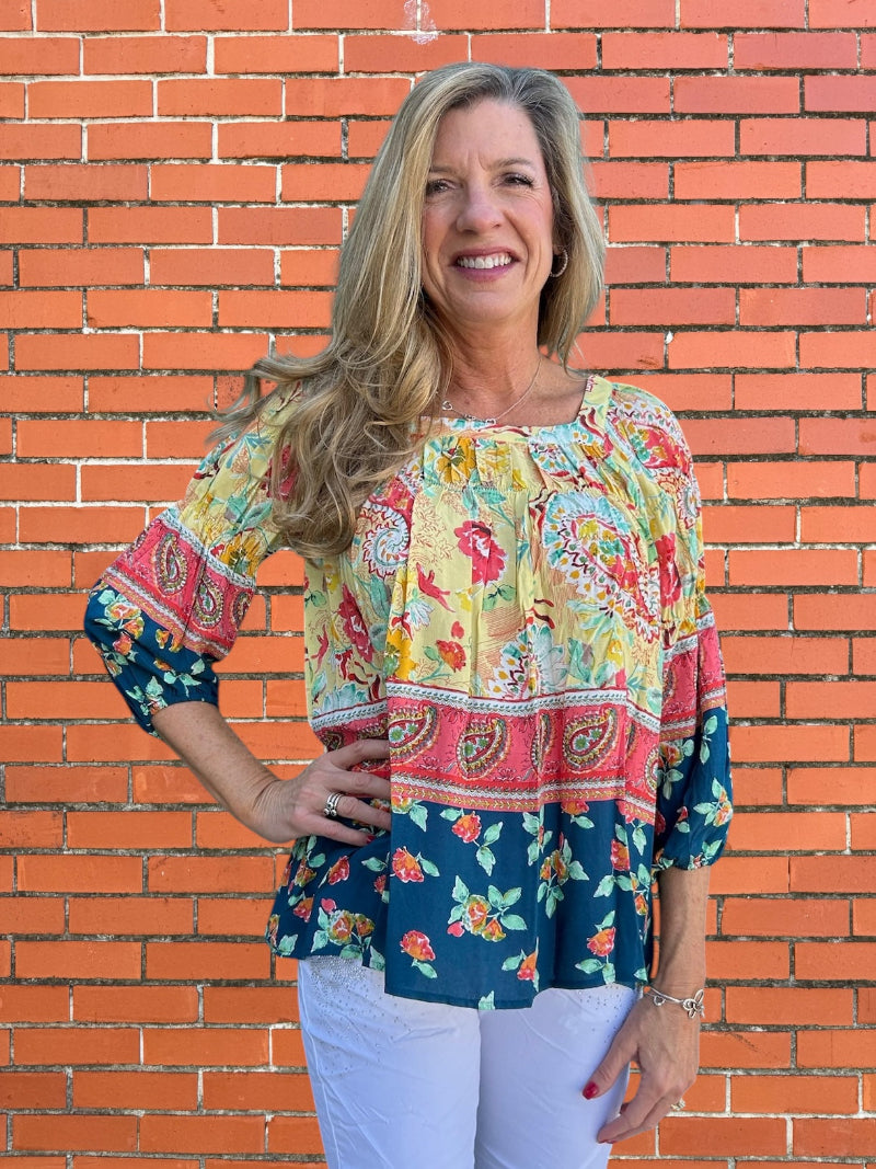 Olive Hill Square Neck 3/4 Sleeve Top in Yellow/Navy at ooh la la! in Grapevine TX 76051