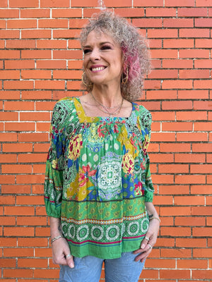 Olive Hill Square Neck 3/4 Sleeve Top in green at ooh la la! in Grapevine TX 76051