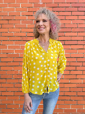 Olive Hill Polka Dot Blouse in yellow at ooh la la! in Grapevine TX 76051