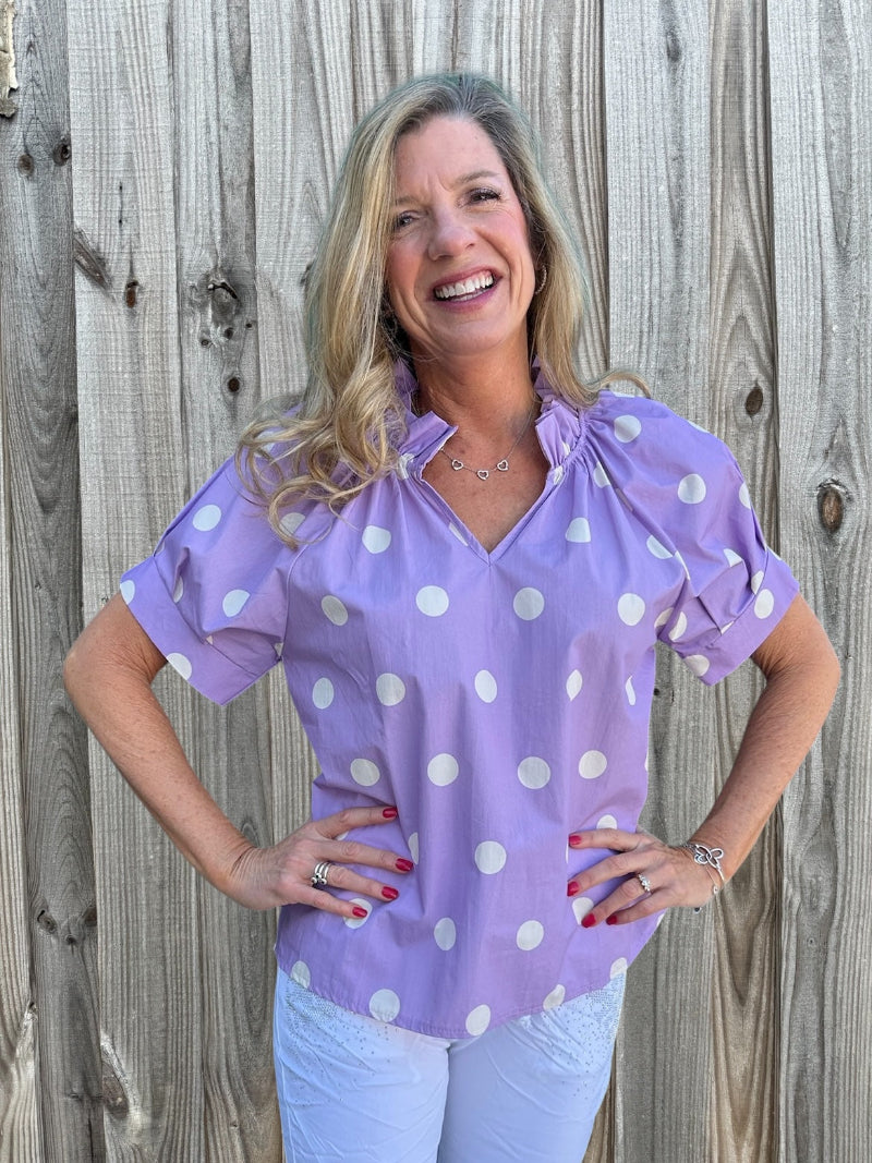 Sofia Blake Blouse Top in Freesia Polka Dots at ooh la la! in Grapevine TX 76051
