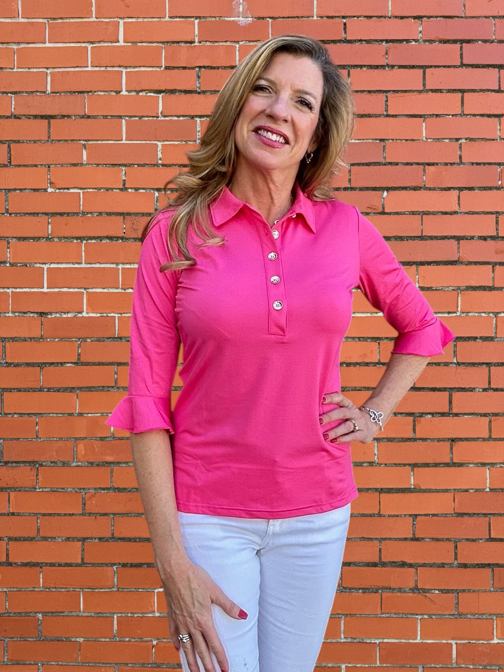 Solid Mira Flounce Sleeve Polo Top in hot pink at ooh la la! in Grapevine TX 76051