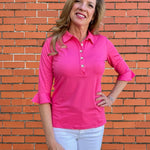 Solid Mira Flounce Sleeve Polo Top in hot pink at ooh la la! in Grapevine TX 76051