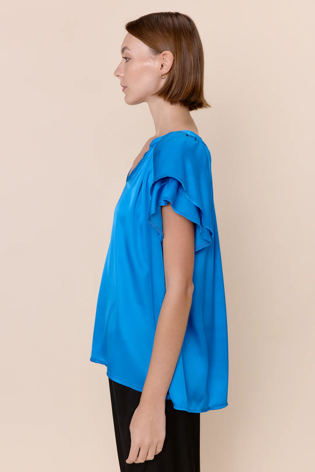 Sofia Caroline Satin Blouse in cerulean blue at ooh la la! in Grapevine TX 76051