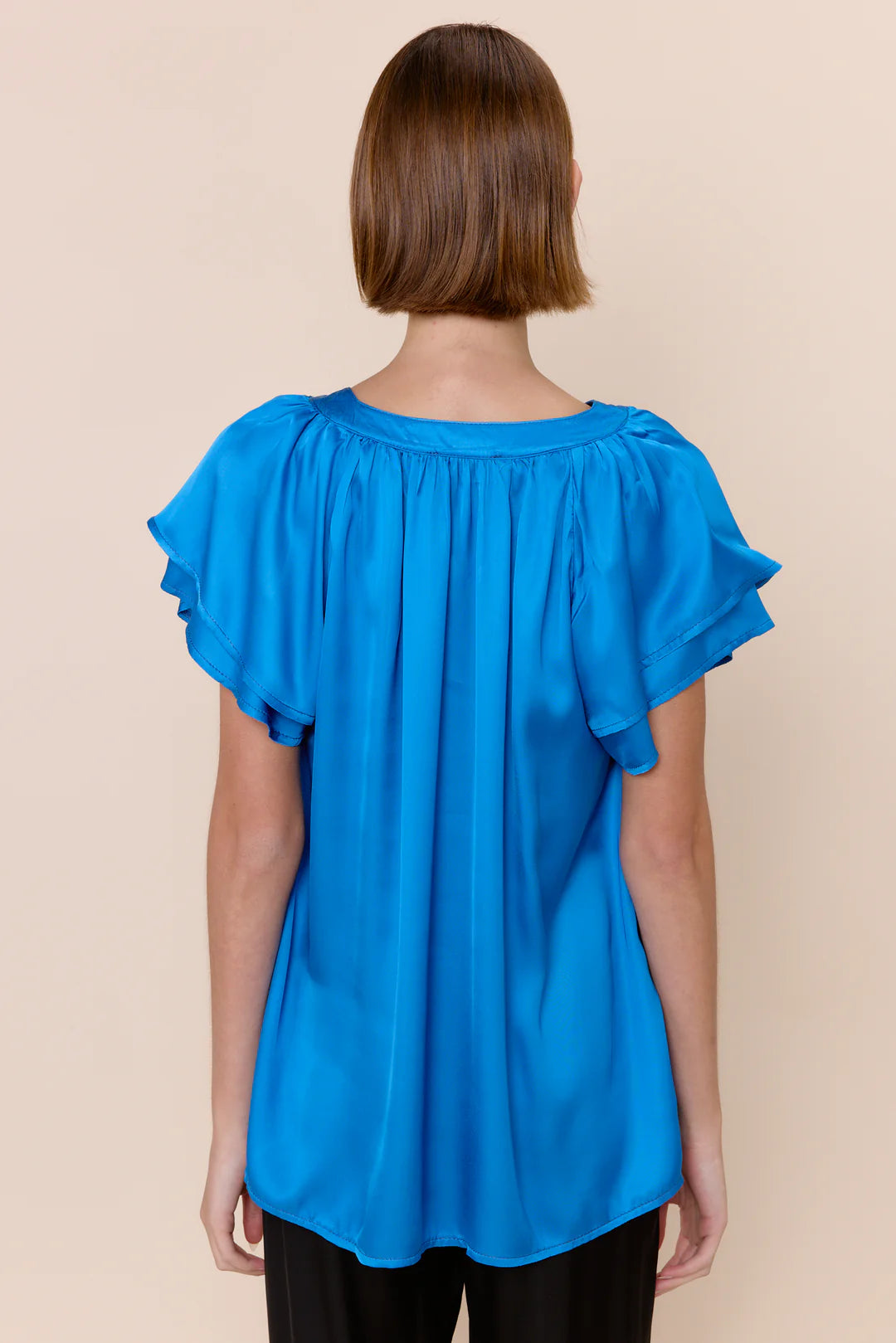 Sofia Caroline Satin Blouse in cerulean blue at ooh la la! in Grapevine TX 76051