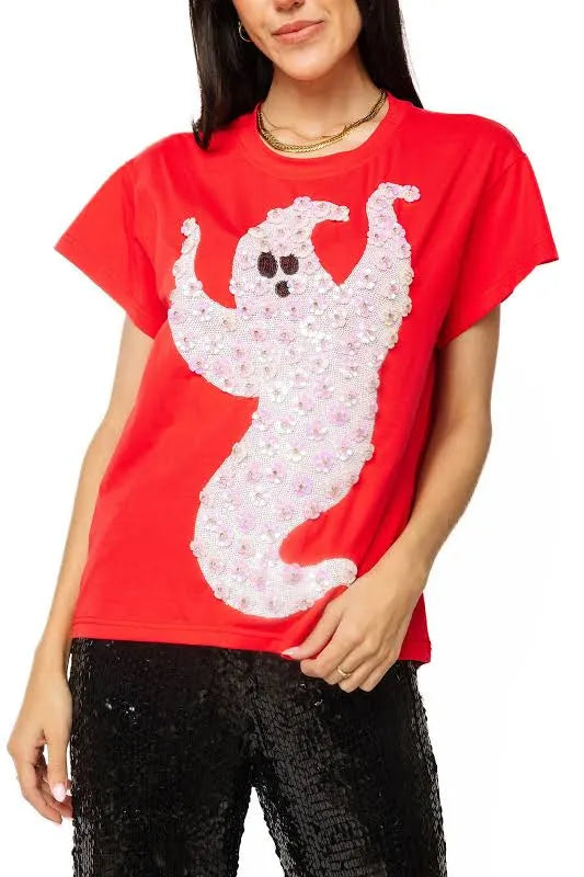 Queen of Sparkles Red & White Sequin Flower Ghost Tee at ooh la la! in Grapevine TX 76051