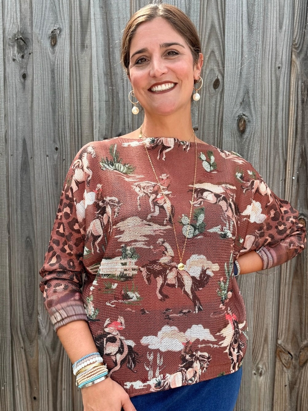 Giddy Up! Western Cowboys and Leopard Batwing Sweater in brown at ooh la la! in Grapevine TX 76051