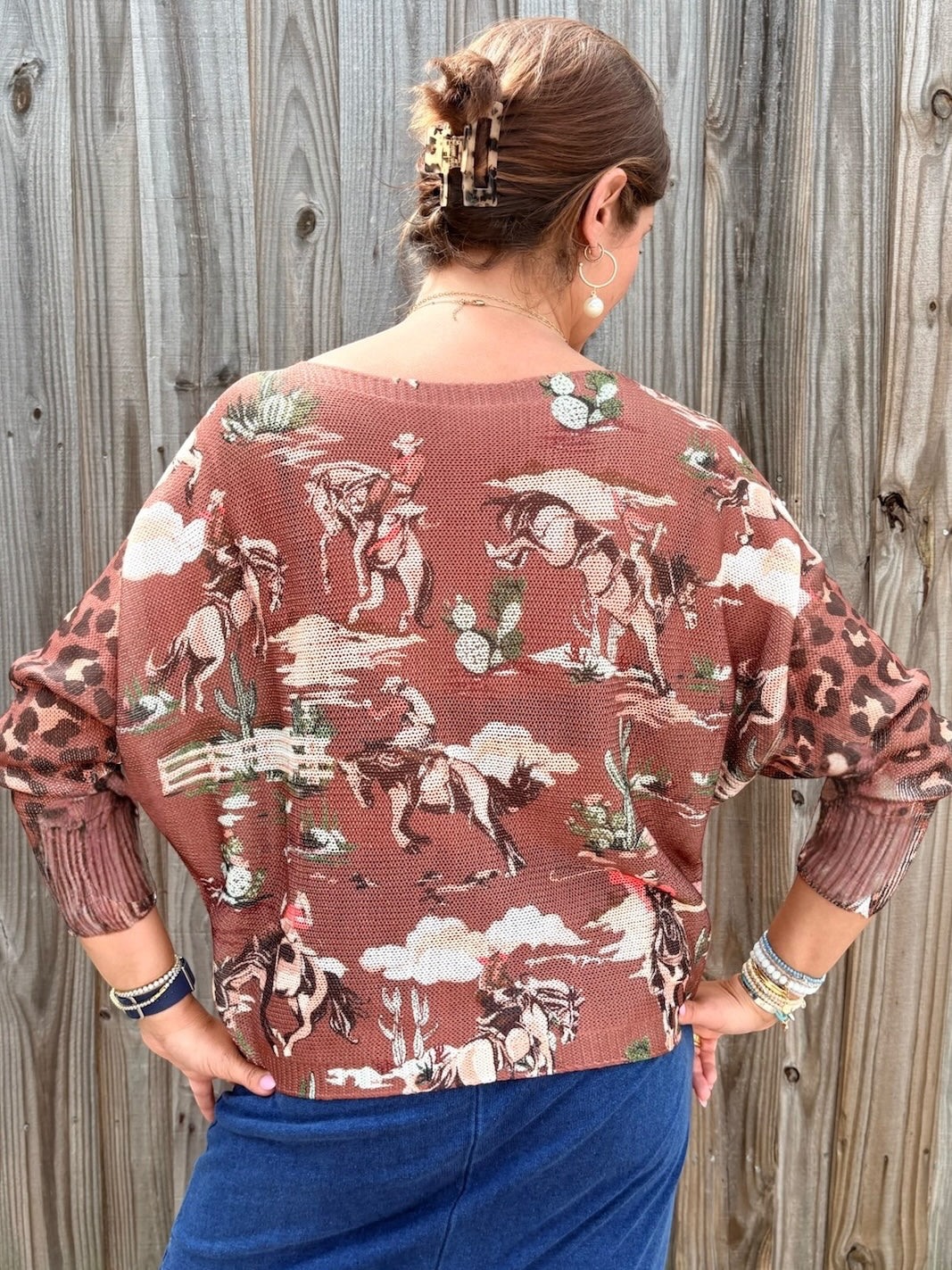 Giddy Up! Western Cowboys and Leopard Batwing Sweater in brown at ooh la la! in Grapevine TX 76051