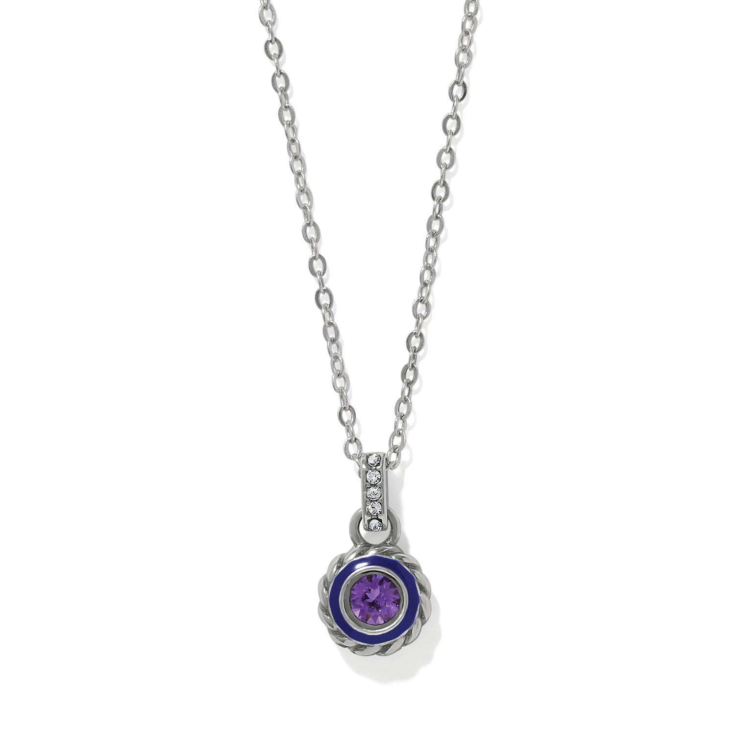Brighton Halo Gemma Petite Round Tanzanite Necklace with silver chain and purple gemstone pendant at ooh la la! in Grapevine TX 76051