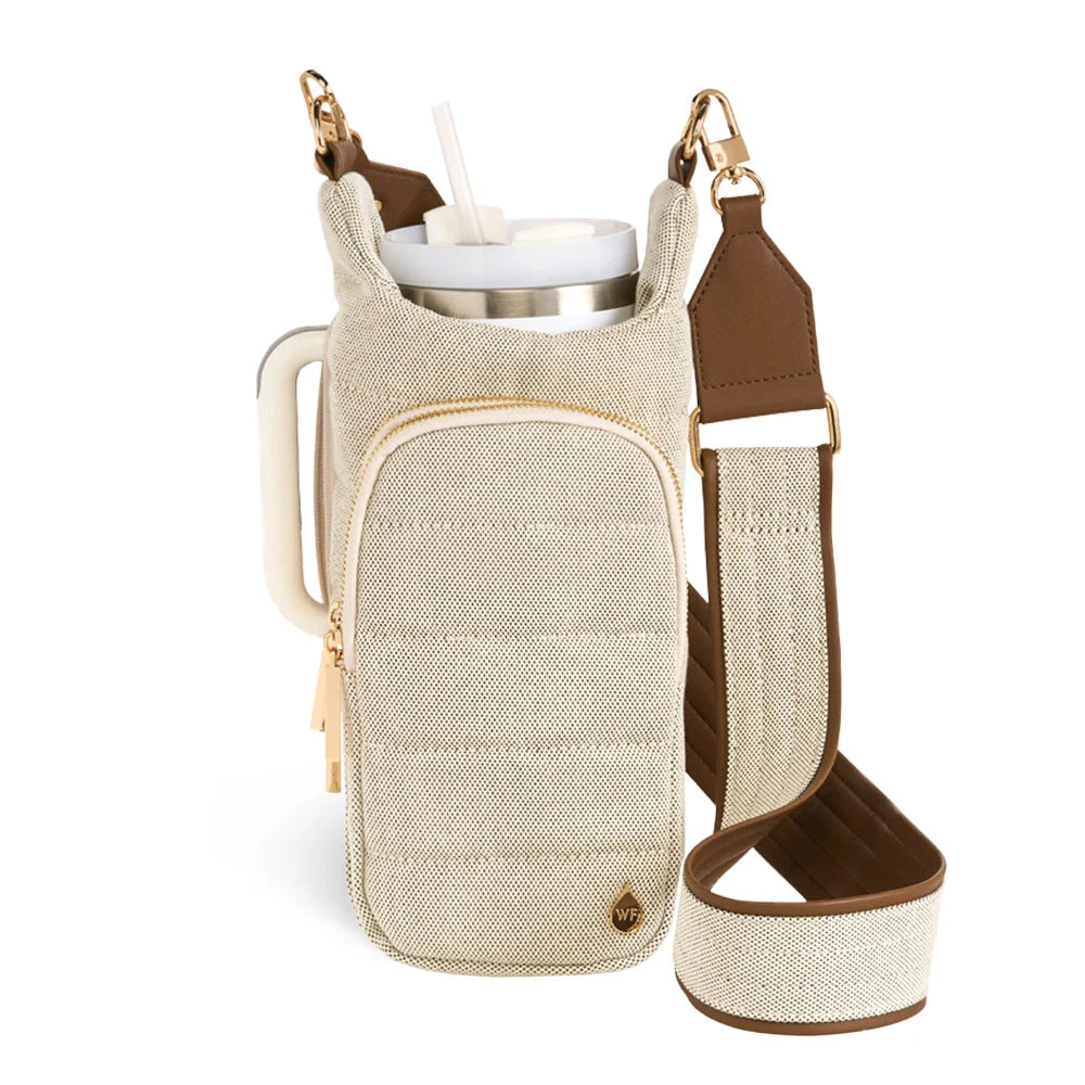 Wanderfull HydroBag Handle in dark oatmeal canvas with gold zippers and tan strap