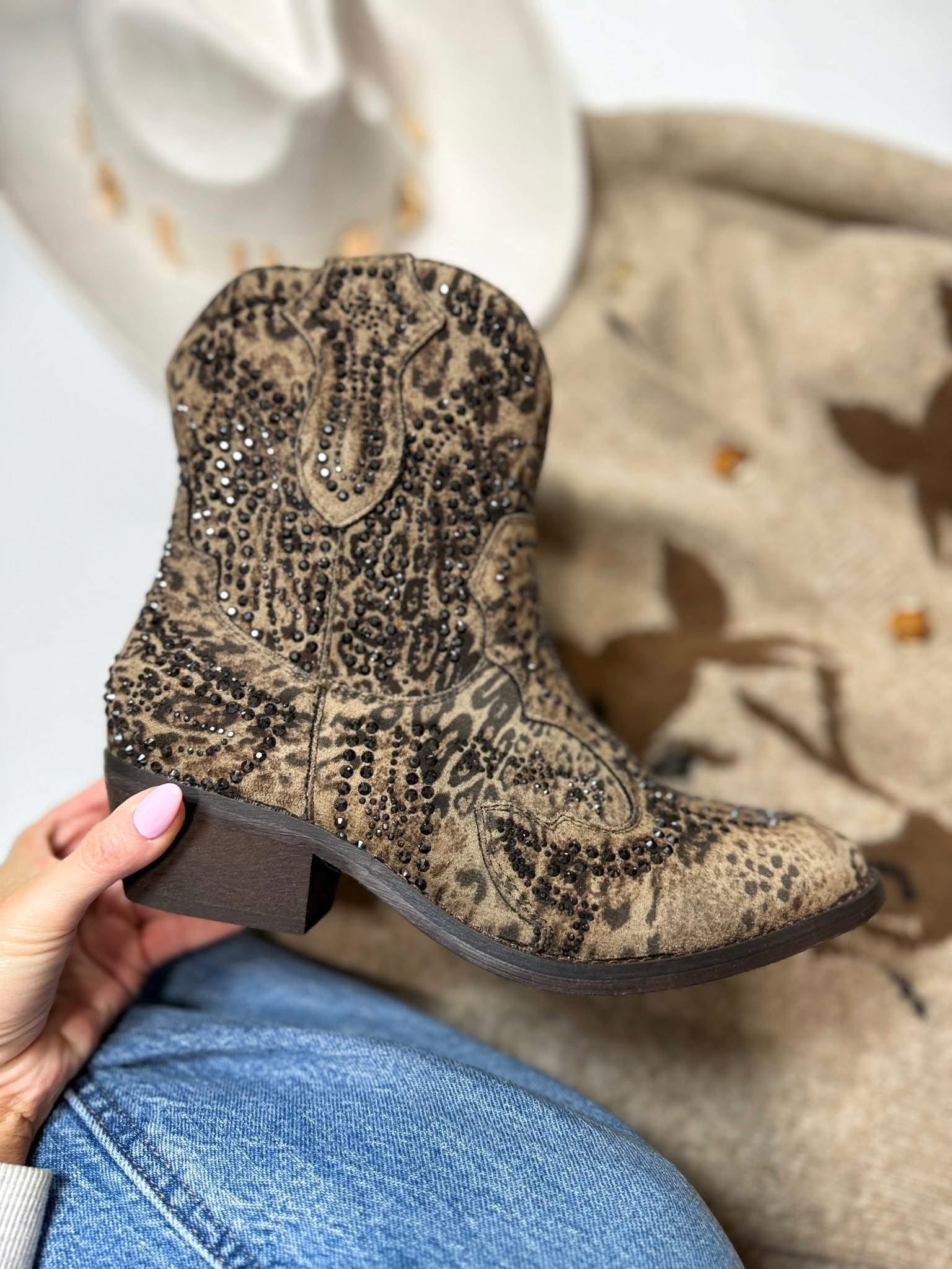 Very G Shay Leopard & Black Rhinestone Booties in taupe leopard at ooh la la! in Grapevine TX 76051