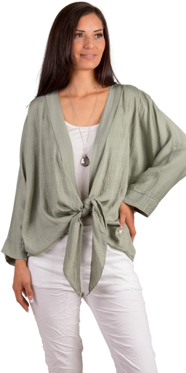 Made in Italy Tie Front Batwing Cardigan in olive at ooh la la! in Grapevine TX 76051