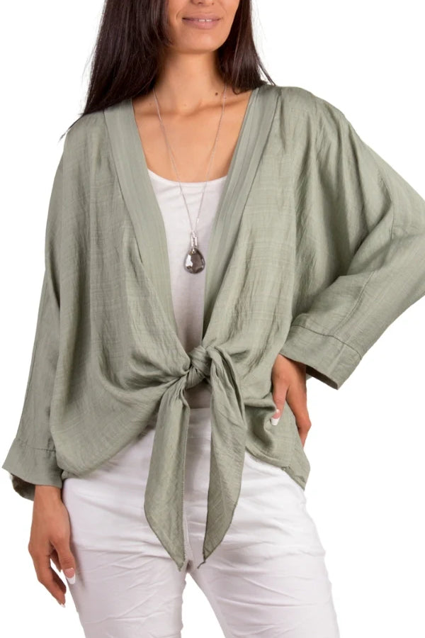 Made in Italy Tie Front Batwing Cardigan in olive at ooh la la! in Grapevine TX 76051
