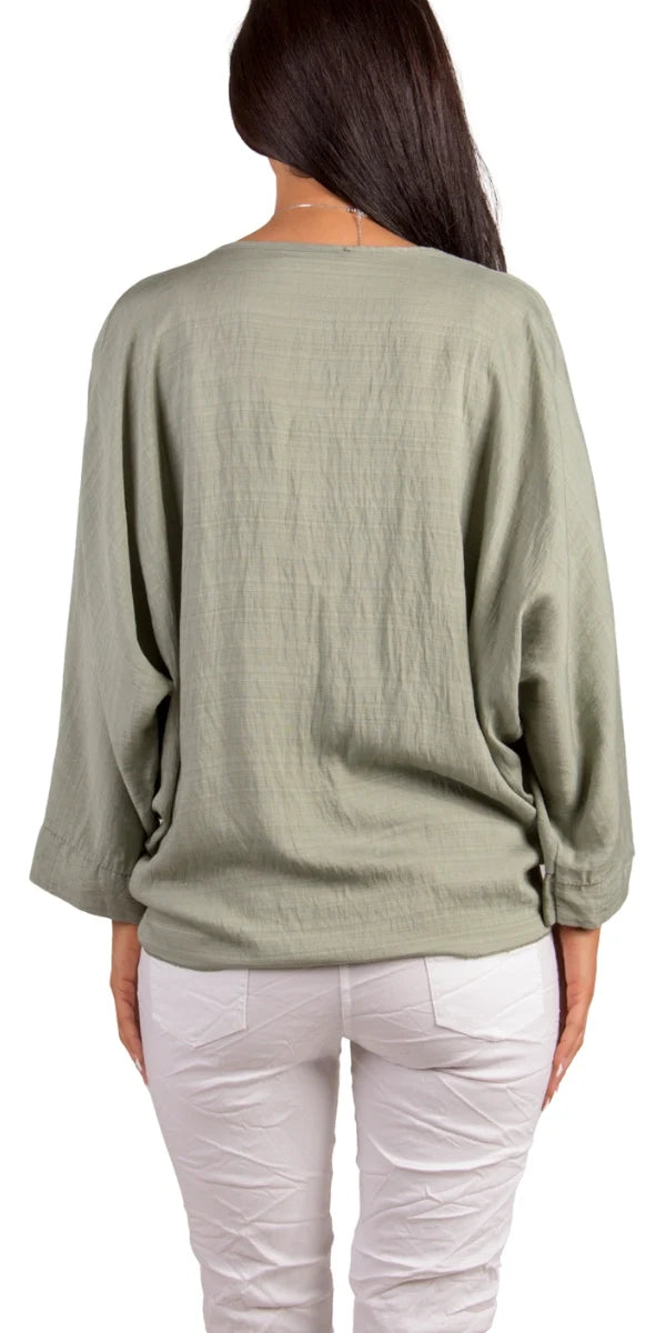 Made in Italy Tie Front Batwing Cardigan in olive at ooh la la! in Grapevine TX 76051