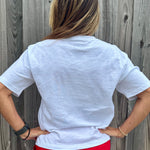 Patriotic Women's Apparel, Americana Tee, 4th of July Shirt, Floral Stars and Stripes, Premium Slub Cotton, Women's Graphic Tee, Red White and Blue Fashion, Summer Patriotic Tops. at ooh la la! in Grapevine TX 76051
