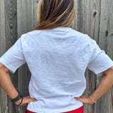 Patriotic Women's Apparel, Americana Tee, 4th of July Shirt, Floral Stars and Stripes, Premium Slub Cotton, Women's Graphic Tee, Red White and Blue Fashion, Summer Patriotic Tops. at ooh la la! in Grapevine TX 76051