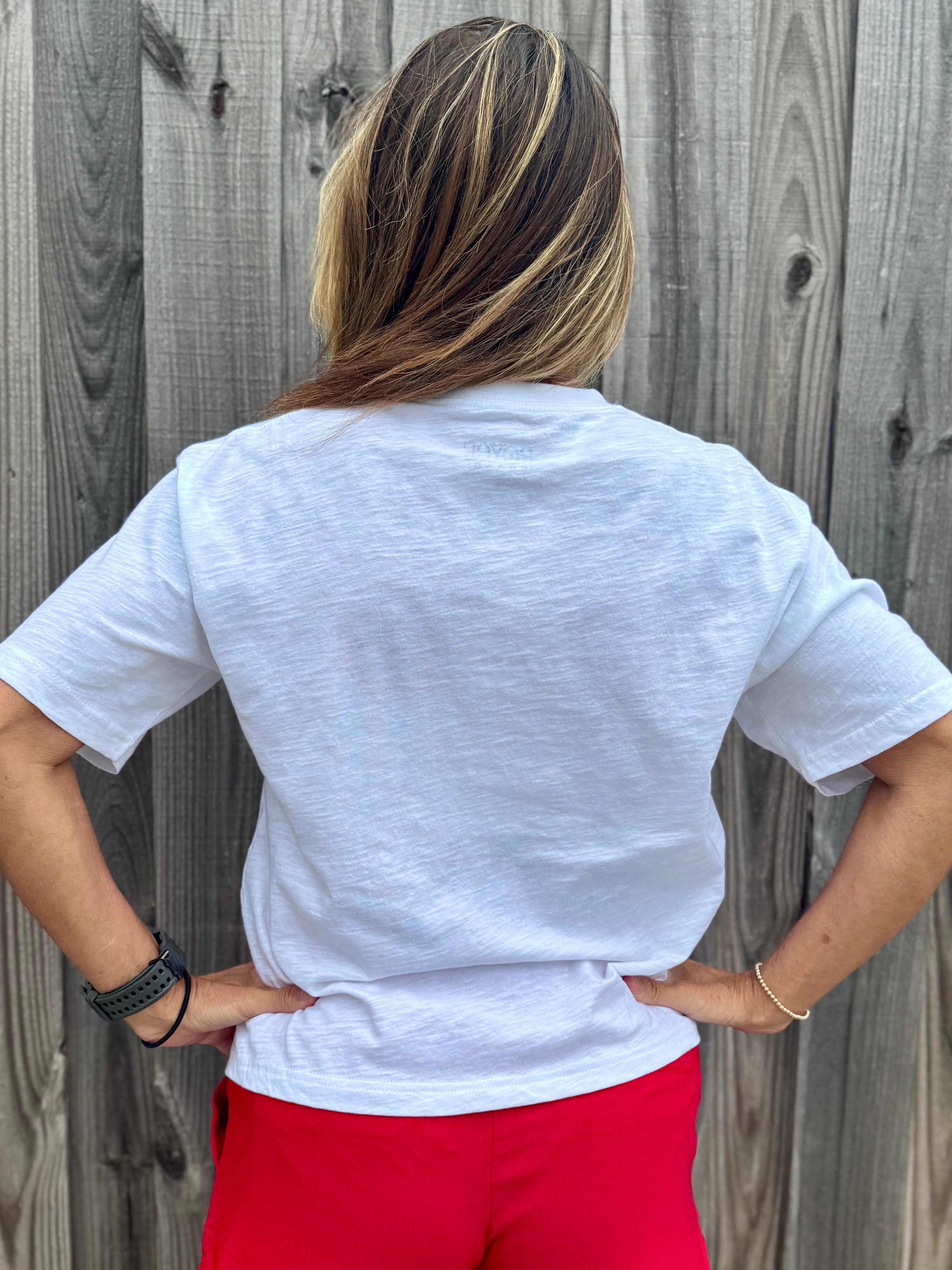 Patriotic Women's Apparel, Americana Tee, 4th of July Shirt, Floral Stars and Stripes, Premium Slub Cotton, Women's Graphic Tee, Red White and Blue Fashion, Summer Patriotic Tops. at ooh la la! in Grapevine TX 76051